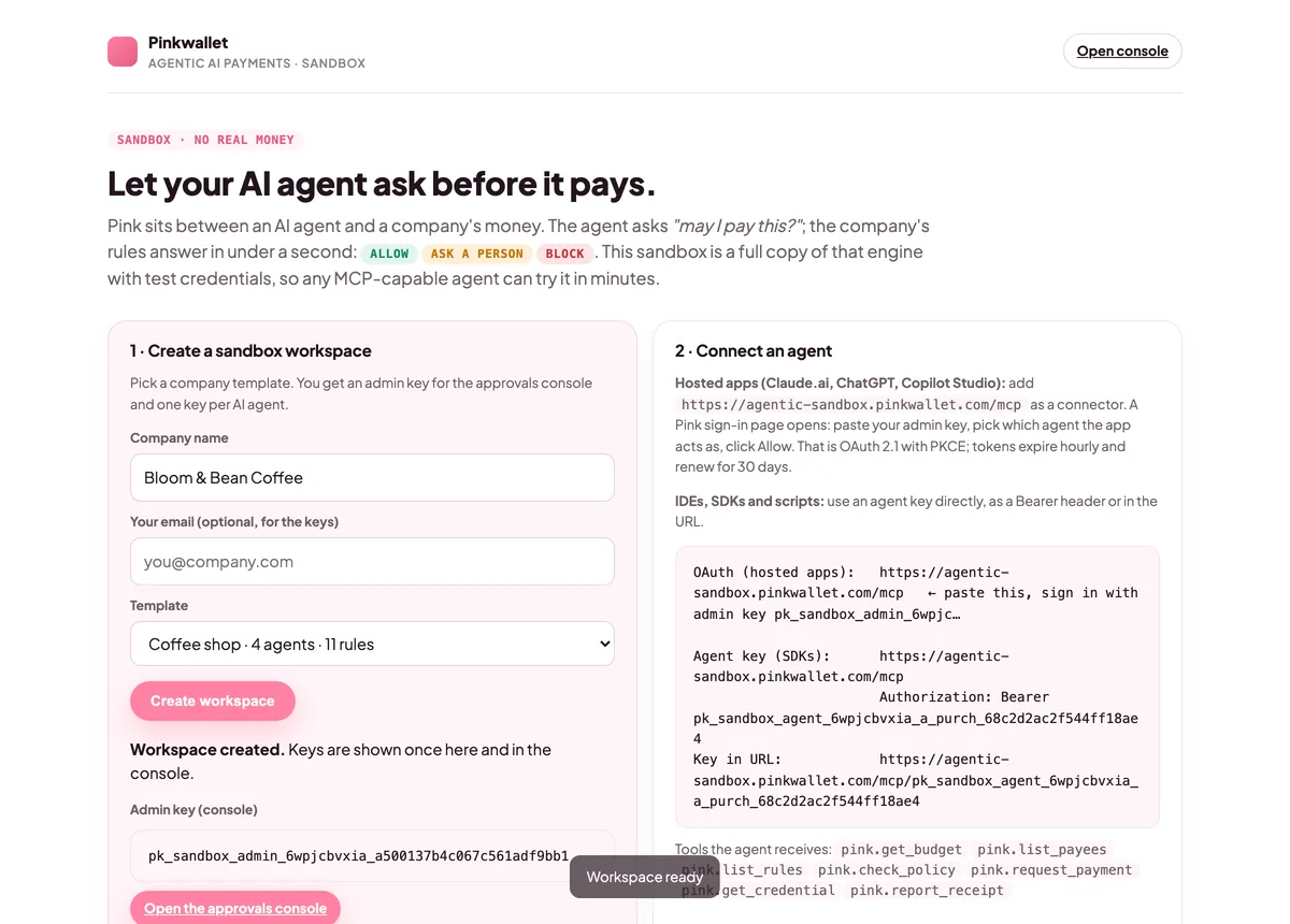 The sandbox workspace page listing the admin key and one key per agent
